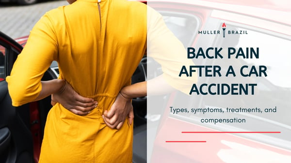 Blog featured image of a woman in a yellow dress holding his back and a caption that says “Back Pain After a Car Accident