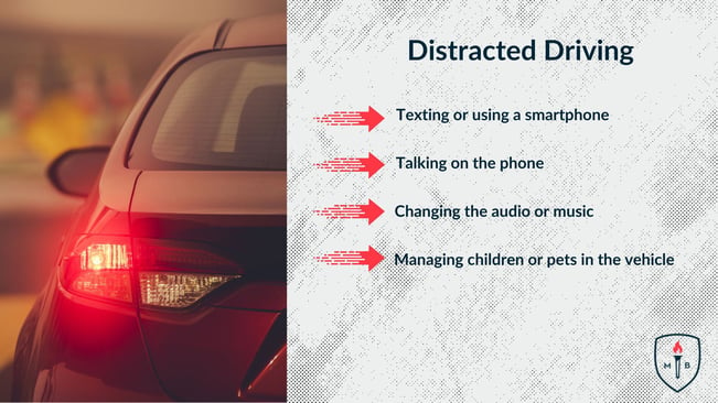 Distracted driving dangers: texting, talking on the phone, changing audio or music, and managing children or pets.