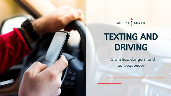 Blog featured image of a man driving a car while texting on his phone and a caption that says “Texting and Driving