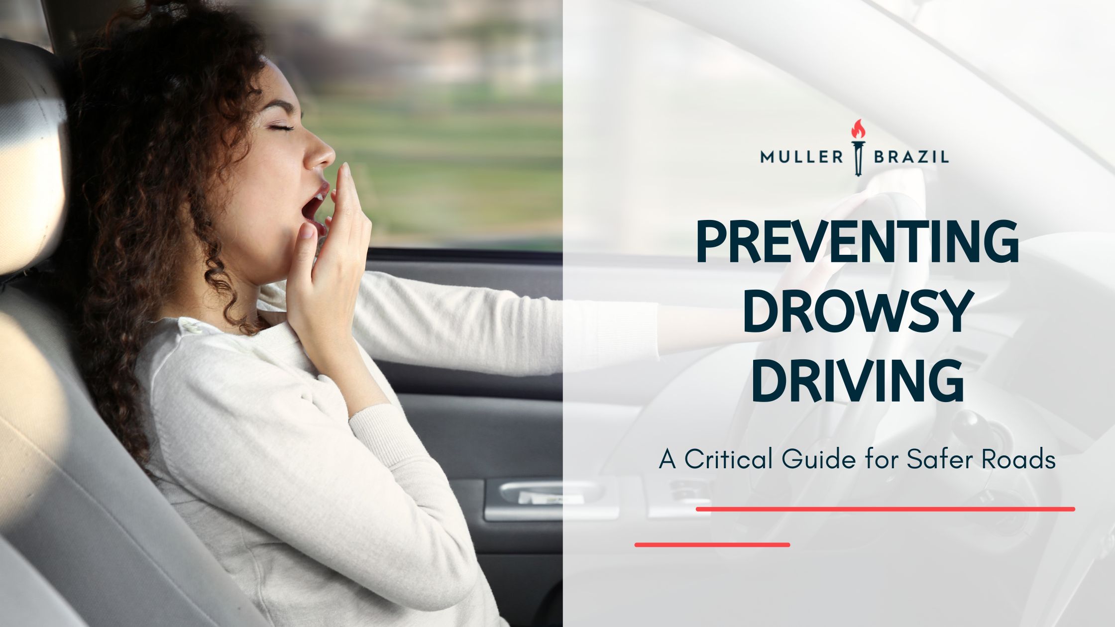 An image featuring a young woman yawning with her hand covering her mouth, signifying fatigue, as she sits in the driver seat of a car, illustrating the concept of drowsy driving. The right side of the image displays the text 